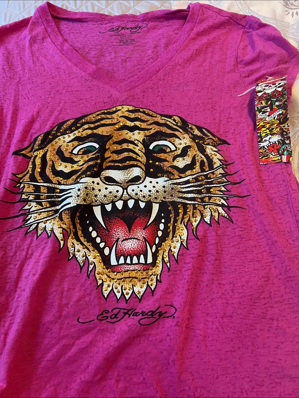 Ed Hardy Hot Pink Tiger Graphic V-Neck Tee with Gold Accents